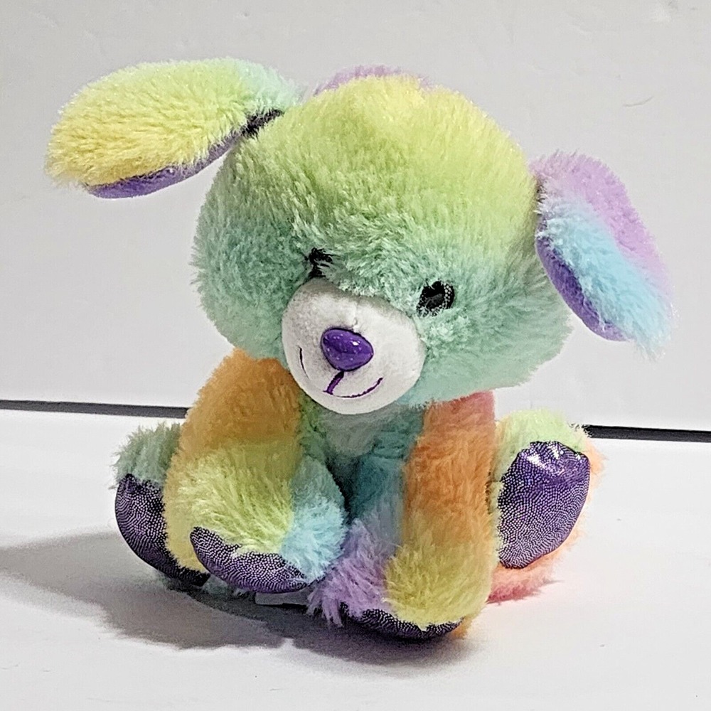 Fiesta Multicolor Rainbow Sherbet Puppy Dog Purple Shiny Satin Feet Plush 6"